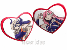 a heart shaped mirror with a picture of a girl and the words now kiss below it