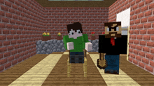 two minecraft characters are standing next to each other in a room with brick walls