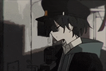 a black and white drawing of a boy wearing a black hat