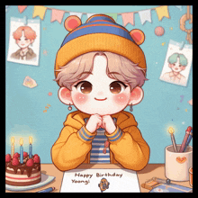 a drawing of a boy sitting at a table with a cake and candles that says " happy birthday yoongi "