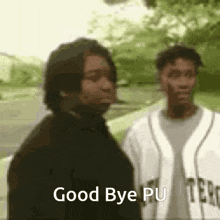 a couple of men standing next to each other with the words `` good bye pu '' written on the bottom of the image .
