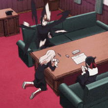 a group of anime characters are sitting around a table and a couch