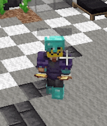 a minecraft character is standing on a checkered floor holding a sword and shield .