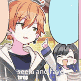 a couple of anime characters with the words seela and faye