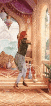 a woman with red hair is dancing in a room with a hookah