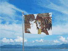 a flag with a picture of two anime girls on it is flying in the wind