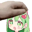 a cartoon girl with green hair and a heart on her head is holding a donut .