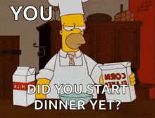 homer simpson from the simpsons is holding a box of milk and a bowl of food .