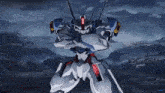 a robot is standing in the middle of a field holding a sword and shield .