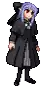 a pixel art of a girl in a black dress with purple hair .