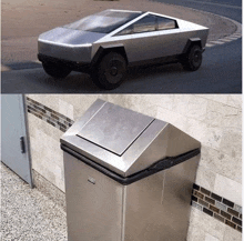 a stainless steel trash can next to a car