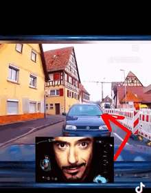 a picture of a man 's face next to a car with a red arrow pointing to it
