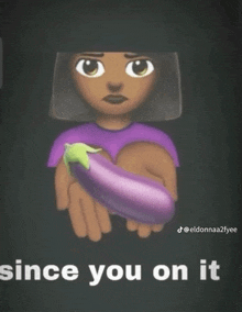 an emoji of a woman holding a purple eggplant in her hand .