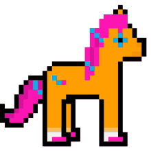an orange pony with a pink mane and tail is in a pixel art style .