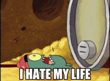a cartoon character is laying on the ground with the words i hate my life above him