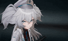 a girl with white hair and a hat has the number 3 on her sleeve
