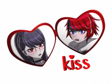 a couple of anime characters in hearts with the word kiss below them