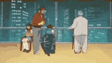 a group of people are standing in front of a window with a woman tied up in a chair
