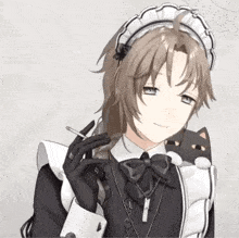 a maid is smoking a cigarette and holding a cat