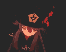 a girl with long hair and red eyes is wearing a hat and holding her hands out in front of her face .