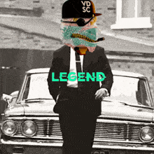 a man in a suit and tie is standing in front of a car with the word legend written on it