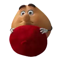 a cartoon character holding a red hat in front of its face