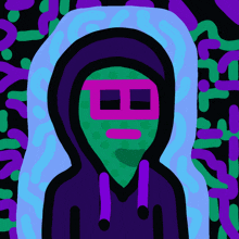 a drawing of a person wearing a hoodie and a mask with the letter b on it