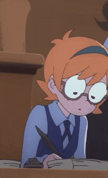 a cartoon girl wearing glasses and a blue vest is holding a pen