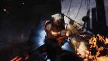 a video game character is being destroyed by a fire
