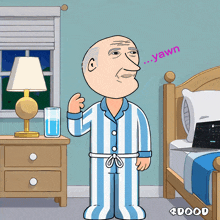 a cartoon of a man in pajamas standing next to a bed