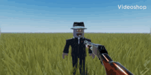 a video of a man in a suit and tie holding a shotgun in a field
