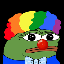 a cartoon of a green frog dressed as a clown with a red nose and rainbow hair