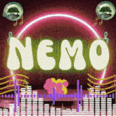 a neon sign that says nemo with a pink background