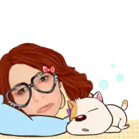 a cartoon of a woman laying on a pillow with a cat