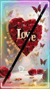 a heart made out of red roses with the word love on it