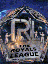 a logo for the royals league with a few people standing around it