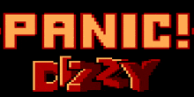 a pixel art logo for panic! dezzy in orange and red