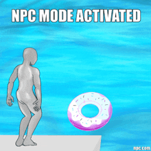 a cartoon of a man jumping into a pool with the words npc mode activated below him
