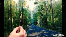 a painting of a road through a forest is made in animatica