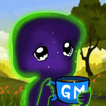 a cartoon character is holding a blue cup with the letter gm on it
