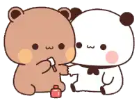 a brown bear and a white panda are sitting next to each other and eating ice cream .