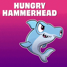 a hungry hammerhead logo with a blue shark on a purple background