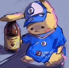 a drawing of a pikachu wearing a blue shirt and holding a bottle of corona beer .