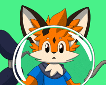 a cartoon fox wearing a blue shirt looks through a magnifying glass