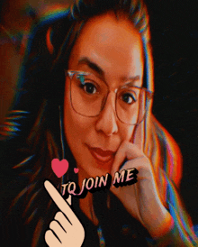 a woman with glasses and a hand pointing to the word to join me