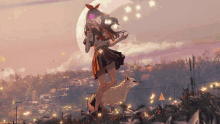 a girl in a school uniform is standing next to a wolf in a field