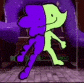 a purple and green cartoon character is walking in front of a purple slide .
