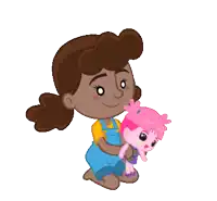 a girl in blue overalls is holding a stuffed animal