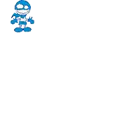 a blue cartoon character is standing on a white background with a smile on his face .