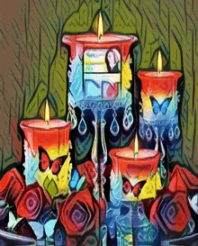 a painting of candles with roses and butterflies